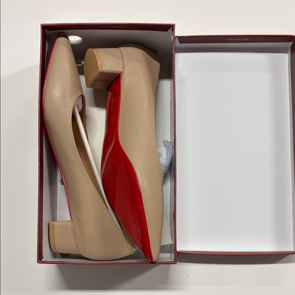 Beige Pointed Toe Block Heel Pumps with Red Sole